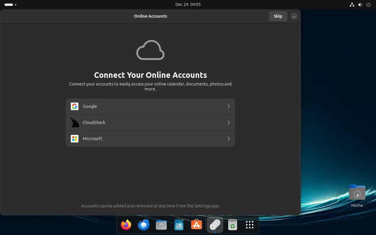 The desktop with the dock and system menu